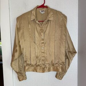 Vintage Cybele Gold 100% Silk Button-Up blouse abalone square buttons 80s